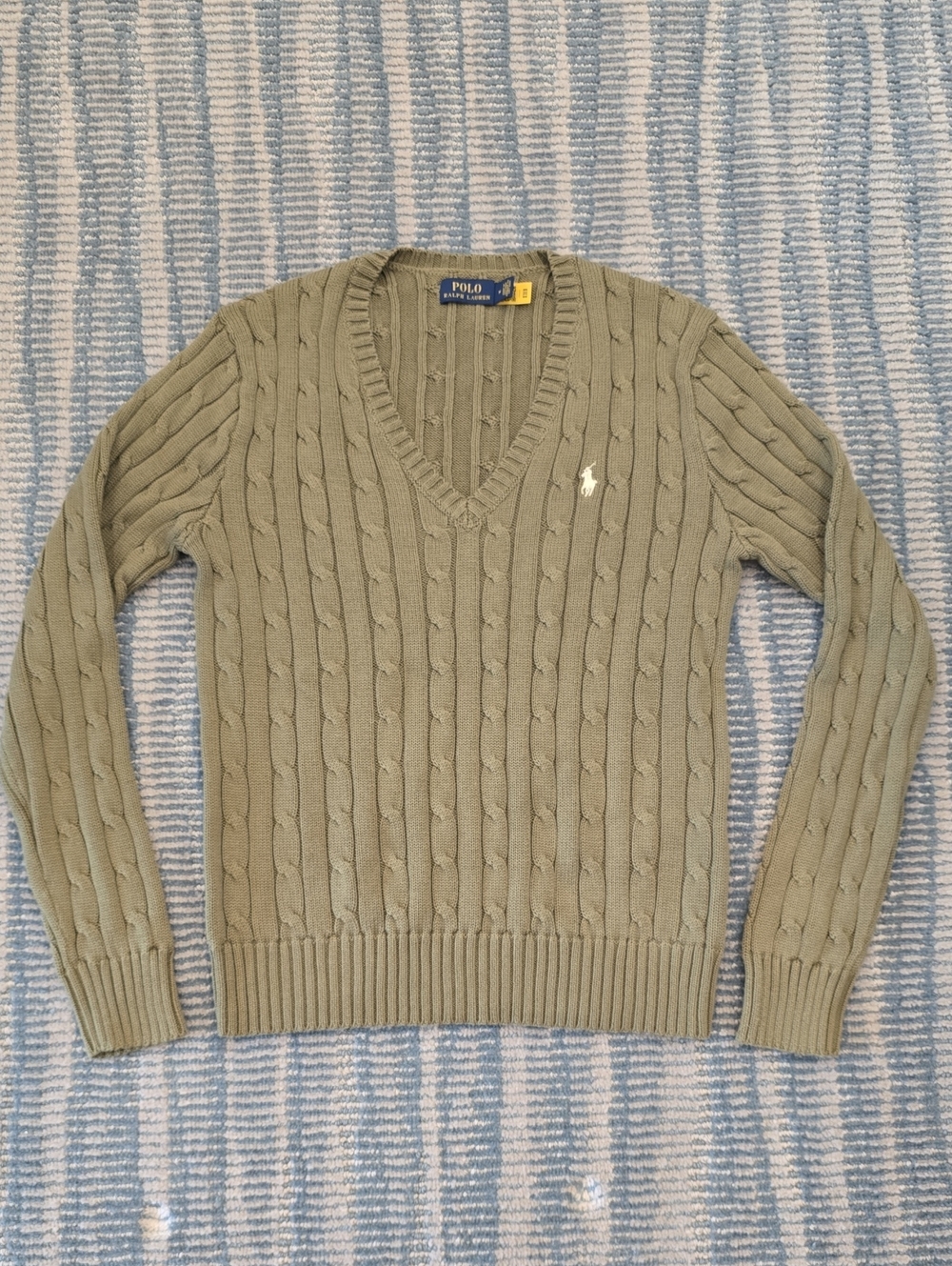 NWOT Polo by Ralph Lauren Olive Green Cable Knit Cotton V-Neck Sweater